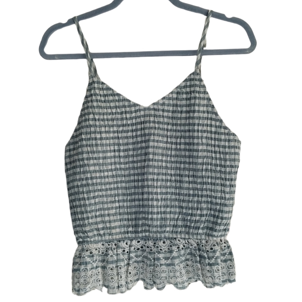 NWT Sim & Sam Blue Gingham Strap Smock Lace Top Size Large